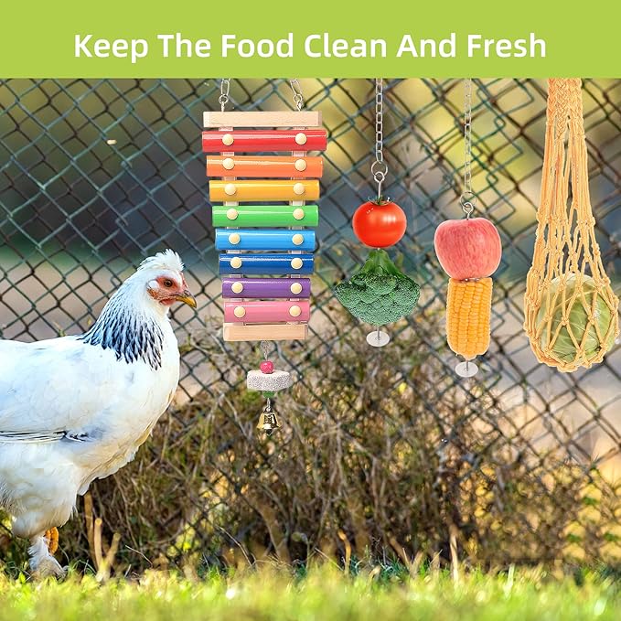 Chicken Toys for Coop 7PCS, KAKUNM Chicken Xylophone, Swing Set, Mirror Toy, Flexible Ladder, Vegetable String Bag and Hanging Feeder
