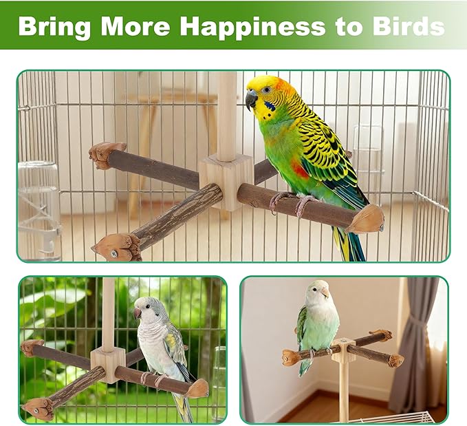 Rotating Bird Perches, Natural Wooden Perch with Chew Toy, Bird Toys for Small & Medium Birds, Medium, Natural Wood Color, 1 Set