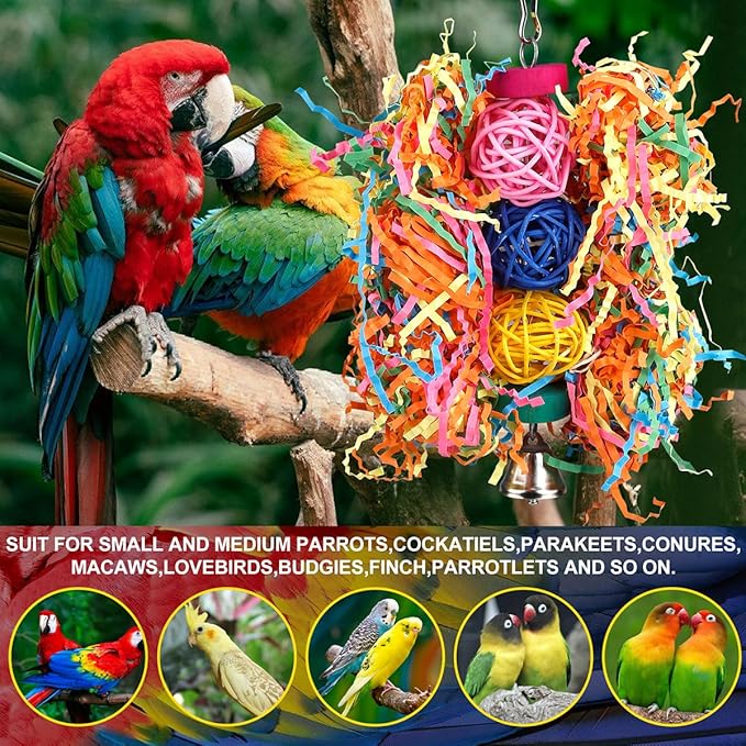 Bird Toys Rope Perch with Bell Colorful Bird Chewing Shredding Foraging Toys Parrot Swing Climbing Standing Hanging Toys Cage Accessories for Conure Cockatiel Budgies Lovebird