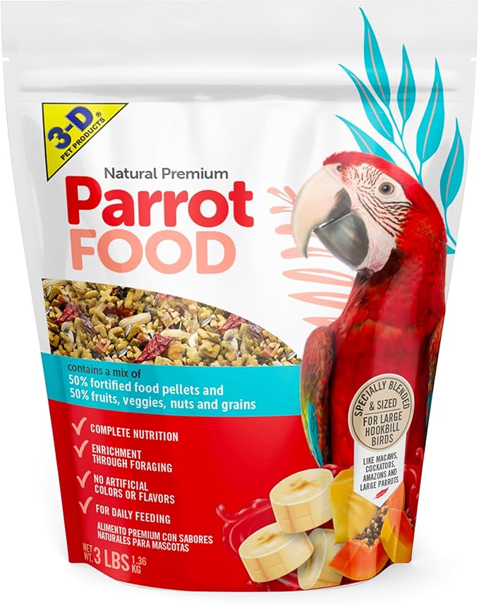 3-D Pet Products Natural Premium Parrot Food - Complete Nutritional Mix with Natural Fruits, Nuts & Veggies – 50% Fortified Pellets – No Artificial Colors