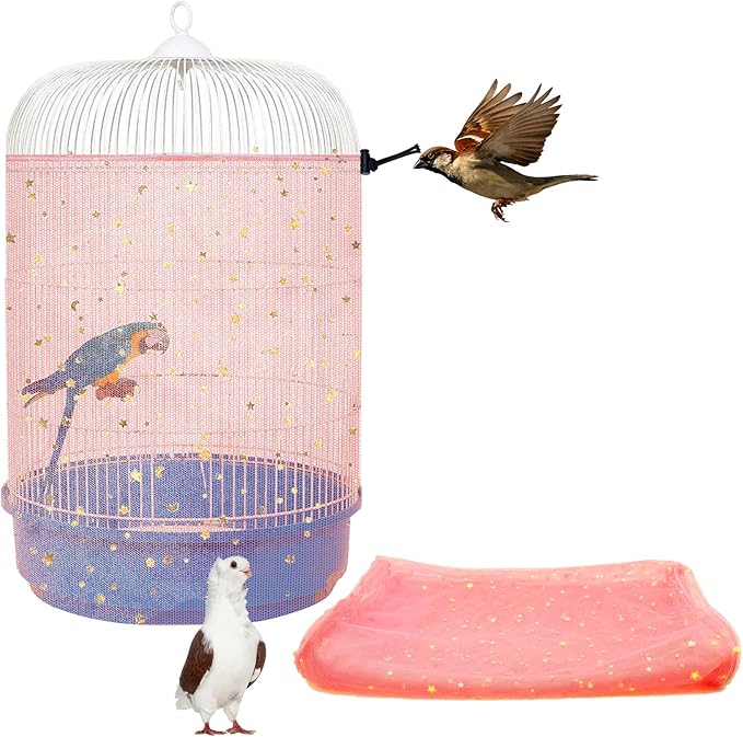 Bird Cage Seed Catcher, 45-90'' Adjustable Bird Cage Cover, Universal Nylon Bird Cage Mesh Net, Bird Cage Skirt Guard Accessories for Parrot Parakeet Macaw Round Square Cage (Pink)