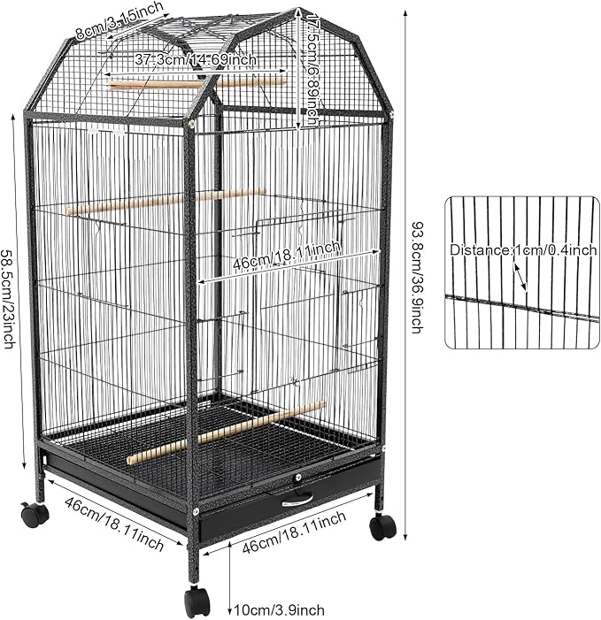 37-inch Iron Standing Parrot Parakeet Flight Bird Cage Bird Cage Birdcage with Rolling Stand for Small Parrot Sun Parakeet Green Cheek Lovebird Budgie Finch Canary