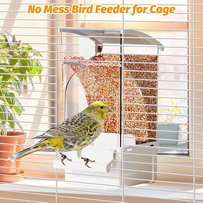 BNOSDM No Mess Bird Feeder Transparent Automatic Bird Cage Feeder with Perch Acrylic Parrot Food Container Parakeet Cage Accessories for Parakeets, Budgies, Cockatiel, Finch, Canary, Lovebird (White)