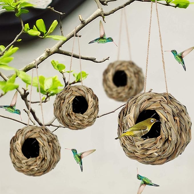 winemana 4 Pack Hanging Bird Nest House for Outside, Ball Shape, Hand Woven, Durable Sturdy, Made of Natural Grass, Perfect for Garden Patio Lawn Office Indoor