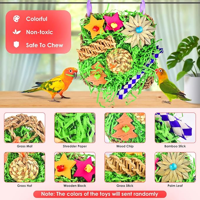 KATUMO Bird Toys, Parakeet Grass Mat Toys Parrot Foraging Shredding Entertainments for Cockatiel Conure Lovebird Parakeet Small to Medium Birds