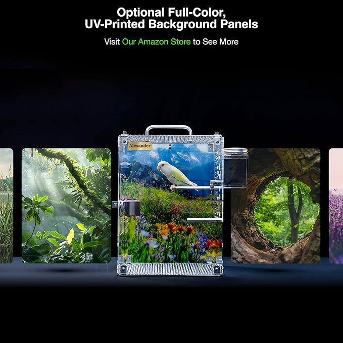 GuineaLoft™ Custom Acrylic Bird Cage (Model-ET2) - Crystal Clear, Custom Sizes from Small to Extra Large, Optional Divider, Name Plate, UV Background, Accessories - Visit the GuineaLoft Store