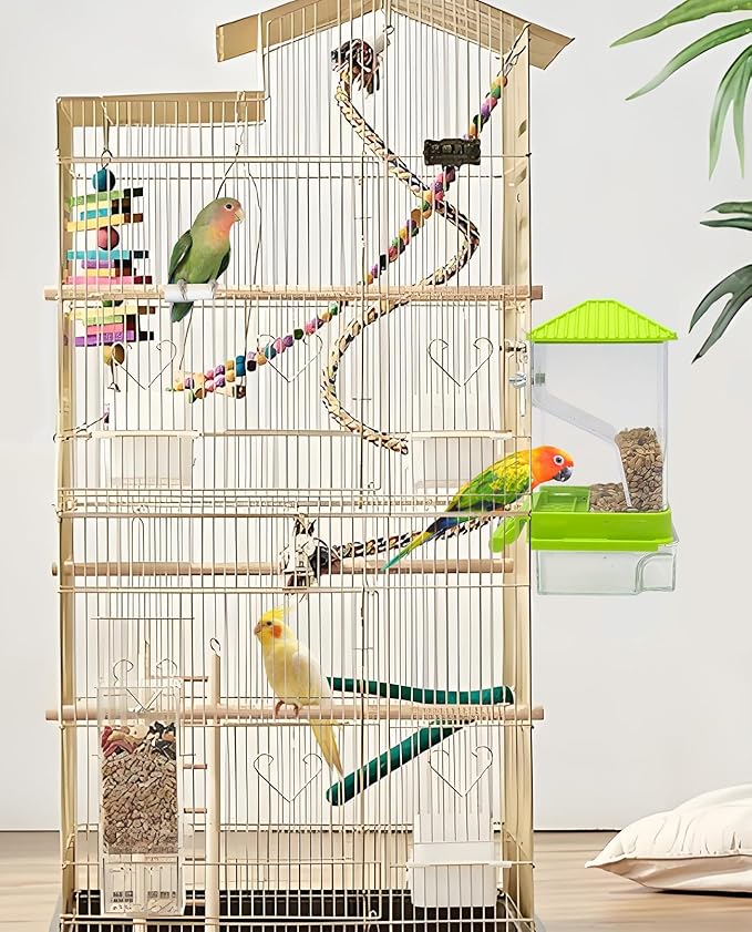 Hamiledyi 2 Pcs Automatic Bird Feeder No Mess Bird Cage Feeder Seed Food Container with Perch Transparent Parrot Cage Accessories for Parakeets, Budgies, Cockatoos, Finches, Lovebirds (Green)