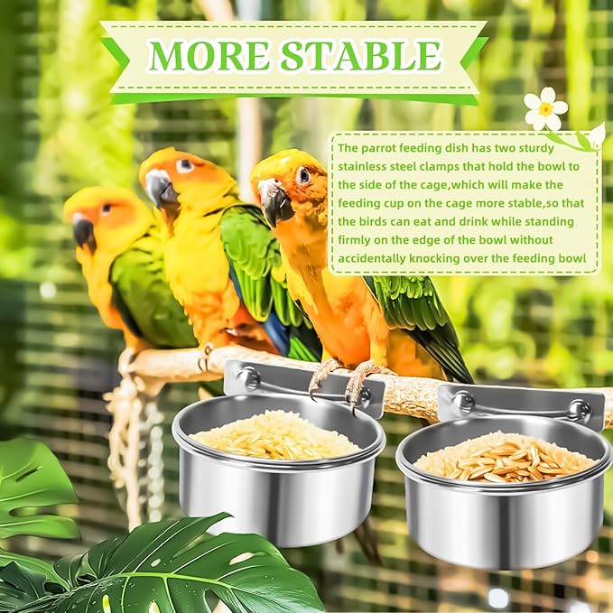 2 Pack Bird Feeding Bowls Cups Parrot Food Water Dishes, Stainless Steel Bird Bowl Cup Dish with Clamp, Birdcage Feeder Pet Cage Bowls for Parrot Cockatiel Budgie Conure Parakeet Small Animal