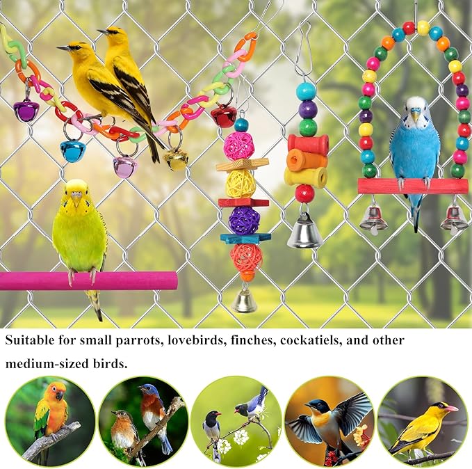 Bird Toys for Conures with Colorful Hammock Bird Cage Accessories Wooden Perch Stand Hanging Bell Birds Chewing Toys for Parrot Parakeet Budgerigar Cockatiel Lovebirds