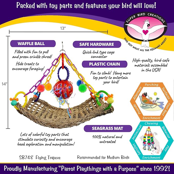 Super Bird Creations SB748 Flying Trapeze Bird Toy for Conures, Quakers, Cockatiels, Parrots, Senegals, Multi-Colored Chain, Seagrass Mat, Enrichment Toy - Medium Bird Size, 14" x 13" x 12"