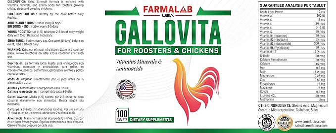 GALLOVITA for Roosters 100 Tablets Vitamins Minerals Aminoacids for Rooster Hens Chickens Gamefowl