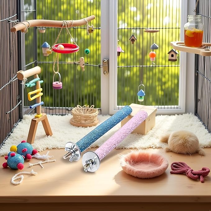 2 Pcs Bird Perch Stand Toy,Random Bird Perch Stand Toy Wood Parrot Grinding Claw Sticks Sanded Cage Toy for Parakeets Finches Parakeet Toys, Sanded Surface Cage Accessories for Parakeets Finches
