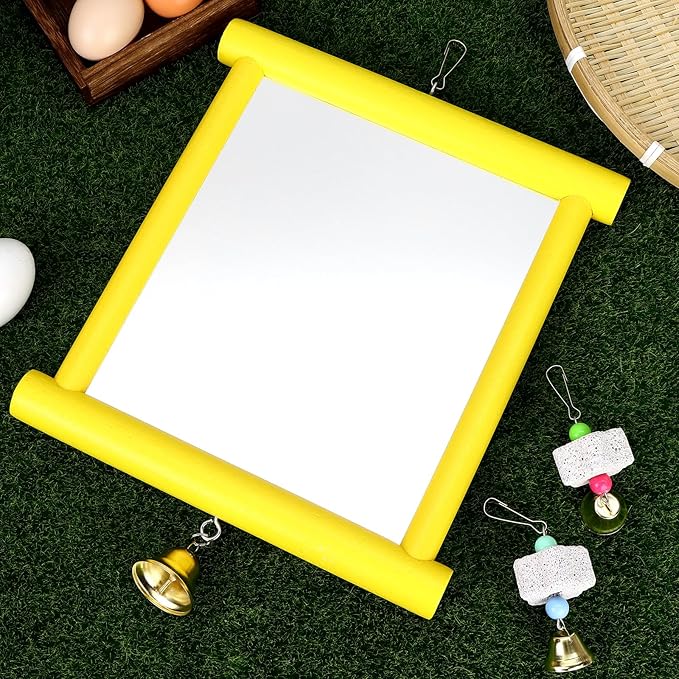 1 Pieces Chicken Mirror Toys Large 12 x 10 Inch Hanging Swing Mirror with Bell Wooden Pecking Toy and 2 Pieces Beak Grinding Molar Stones for Hens Birds Parrots Coop Roosters(Yellow)