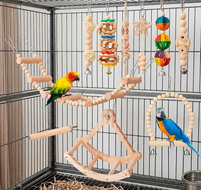 Bird Toys cage Accessories Parakeet Parrot Swing Wood Stand Perch Hemp Rope Toy Interactive Hanging Swing Toy for Budgerigar Conure Cockatiel mynah Finches