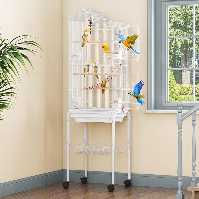 62-inch Metal Bird Cage: Spacious Bird Cage for Cockatiels, Parrots, Pigeons, Lovebirds, Features Roof Access and Rolling Stand, White