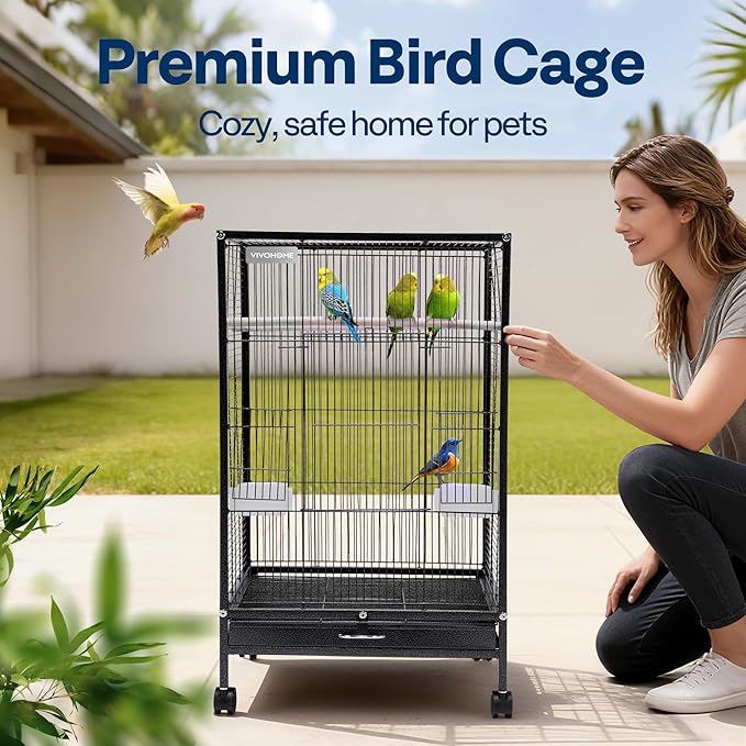 VIVOHOME 30 Inch Height Wrought Iron Bird Cage with Rolling Stand for Conures Lovebirds Cockatiels Finches, Black