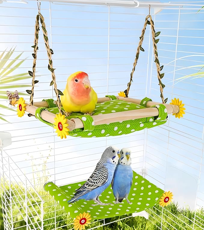 Bird Nest for Cage Parakeets Sleeping Bed Hanging Bird Hammock Parrot Bed Nest Wooden Perch Stand Swing for Conure, Budgie, Lovebird, Finch, Small Pets-Rectangle