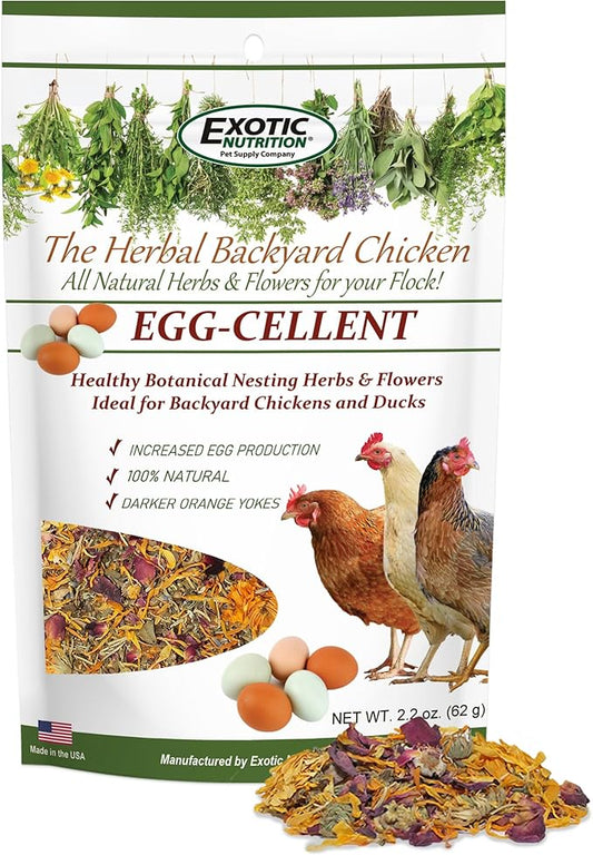 Exotic Nutrition Egg-Cellent (2oz) - Healthy All-Natural Chicken Nesting Herbs - Natural Flowers, Herbs & Calcium Carbonate - Promotes Healthy Chickens & Eggs (2 oz)