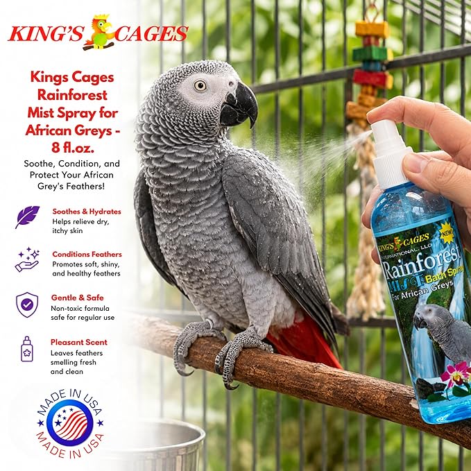 King's Cages Rainforest Mist Spray African Grey 8 oz. Feather Conditioning Spray with Baby Powder Scent for Medium Bird Breeds Skin Relief and Plumage Care