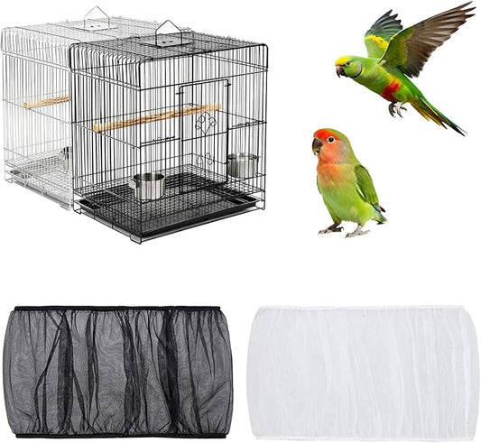 Fengek 2 Pcs Adjustable Bird Cage Cover & Seed Catcher Net - Stretchy Bird Cage Accessories for Night Cover & Seed Guard (White + Black, XL)