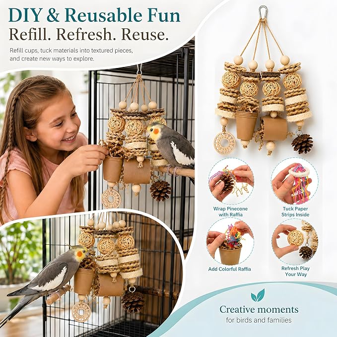 Bird Foraging Toy Parakeet Enrichment Puzzle Parrot Foraging Toys Loofah and Pine Cone Chew Play for Budgies Cockatiels Conures Quaker Parrot Small to Medium Birds