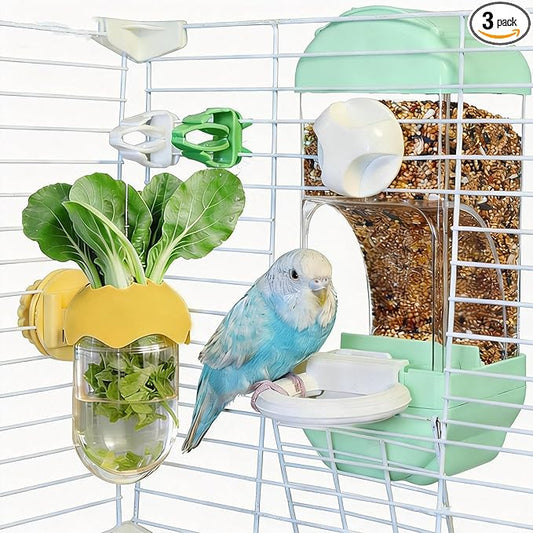 Automatic Bird Cage Feeder No Mess Bird Feeding Station Parrot Vegetable Holder Fruit Clips for Parakeet Cockatoo Canary Lovebirds Budgie (Blue)