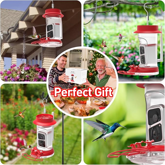 Soliom Hummingbird Feeder with Camera, Smart Feeder Camera with 2K Live View AI Identify, Leak Proof&Ant Moat&Bee Proof, Outdoor Pole/Hook Hanging, Ideal Gift for Family, 16 OZ Red