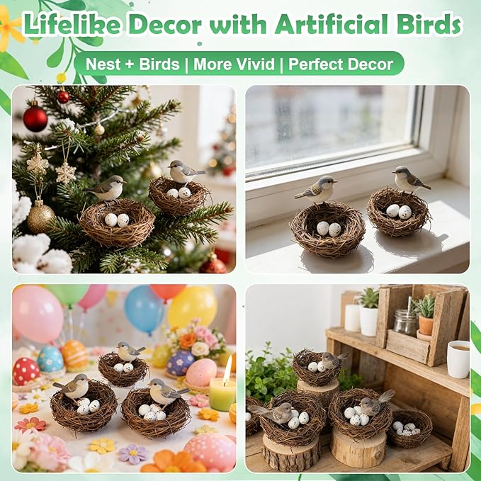 60 Pcs Artificial Rattan Birds Nest with Eggs for Crafts, Mini Faux Bird Nest for Easter Home Garden Decor Wedding Party(20 Pcs Mixed Small Size Nest & 40 Pcs Eggs)