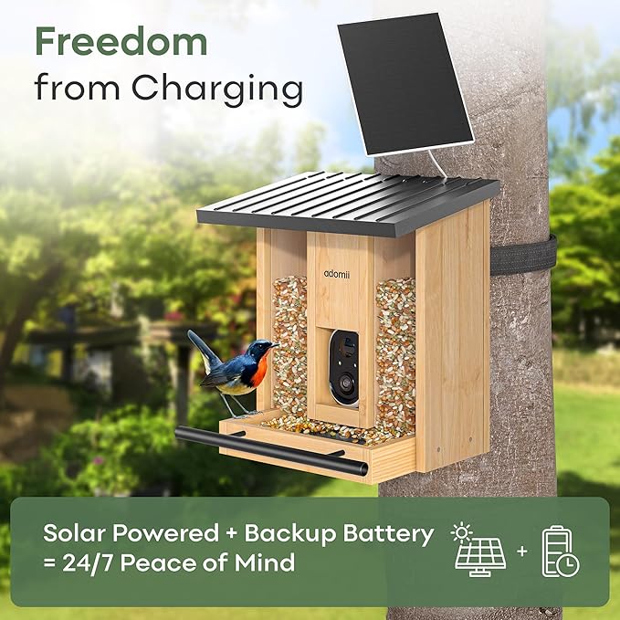 Adomii Bird Feeder with Camera, 2.4L Solar Powered Birdfeeder with AI Bird Identification & Alerts, Squirrel-Proof & Weatherproof, Adomii Window Bird Feeder with Double Bin, 1080p HD Live Camera
