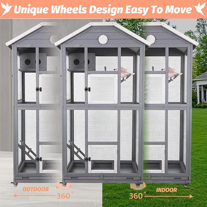 Gowoodhut Outdoor Bird Cage Large, Wooden Flight Aviary with Perches, Nest Habitat, and Easy-Clean Pull Out Tray for Parakeets, Macaws, and More