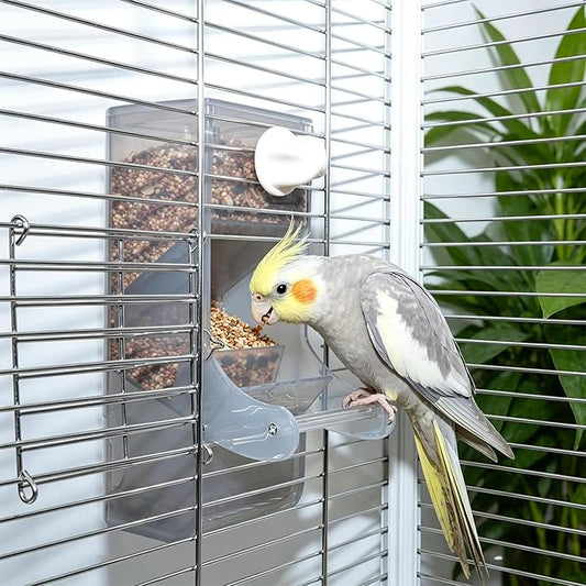 AOTU Automatic No Mess Bird Feeder for Cage - Crack-Resistant Plastic Bird Cage Seed Catcher Clear Bird Cage Feeder for Small Medium Birds Parrots Cockatiels Parakeets Conures Canaries (Light Gray)