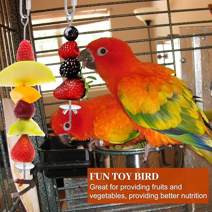 Nogeqi 3PCS Bird Cage Food Holder with Hook, Stainless Steel Bird Feeder for Cage, Parrot Fruit Skewers, Birds Foraging Toys for Macaw Parakeet Parrot Budgie (3 Sizes)
