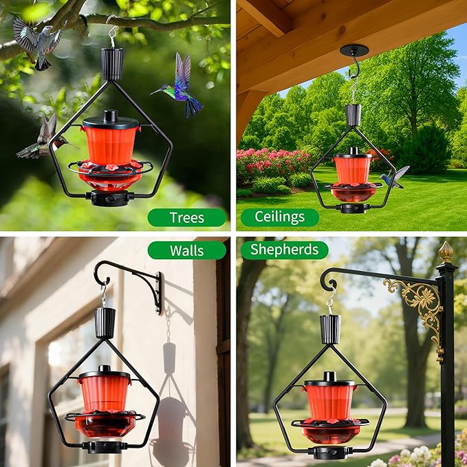 WROSWT Retractable Hummingbird Feeder, 19oz Top-Fill Wide Mouth with Height Adjustment, UV-Resistant ASA Plastic, 100% Leak-Proof Base& Dishwasher Safe Feeders for Outdoor Hanging, Black