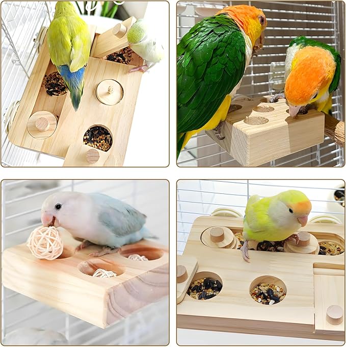 BNOSDM Wooden Bird Foraging Puzzle Toys for Parakeets, Interactive Parrot Enrichment Toys for Training & Chewing, Slow Feeder Cage Accessories for Cockatiels, Conures, Lovebirds and Other Small Birds