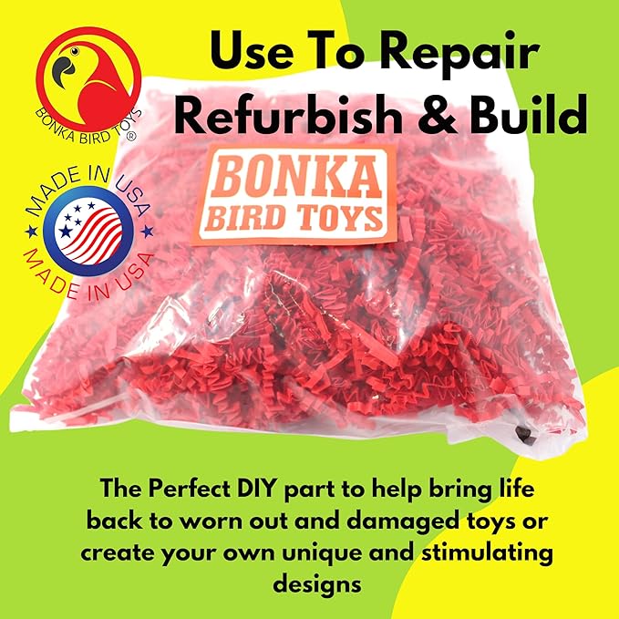 Bonka Bird Toys Colored Crinkle Shred Paper Chew Forage Nesting Treat Natural Multi-Use Craft Part Projects Cockatiels Parakeets Conures Amazons and Other Similar Birds (Red)