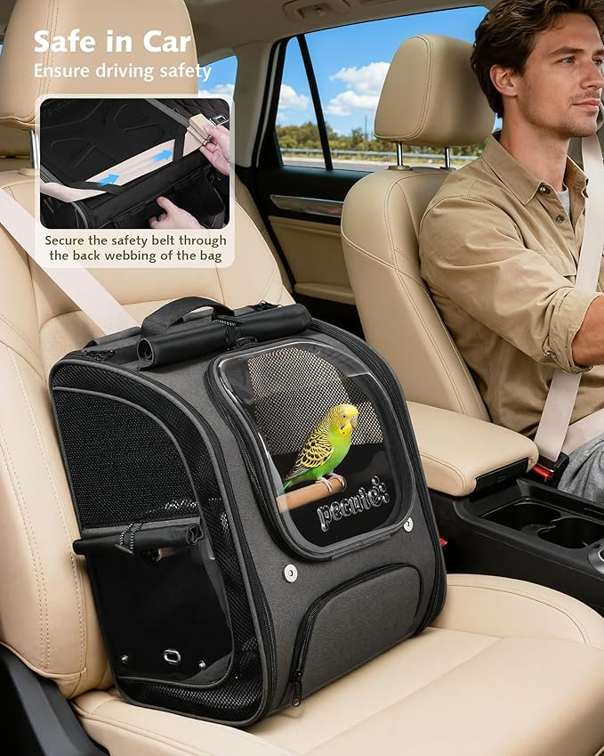 Pecute Bird Backpack Carrier for Small Birds,Cockatiel,Parrot,Bird Carrier with Standing Perch,Comfy Mat&Transparent Window, Breathable Bird Backpack for Vet Visit,Shopping and Outdoor Adventure,Grey