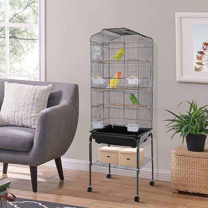 Large Bird Cage with Rolling Stand, Parrot Cage for Parakeets Cockatiels Conures, Heavy Duty Metal Birdcage with Wheels, Removable Tray & Storage Shelf for Indoor Use (Black)