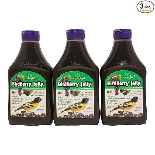 Songbird Essentials 20 Ounce BirdBerry Jelly Squeeze Bottle Bird Feeder Jelly, Grape and Blackberry Jelly Made Just for Birds [Pack of 3]