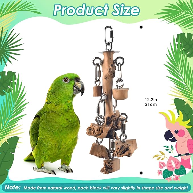 DBNESS Bird Toys for Parrot, Durable Stainless Steel Large Birds Chew Toy, Hanging Detachable Natural Hardwood Blocks for Medim to Large Eclectus, African Greys, Amazon Parrot, Cockatoo