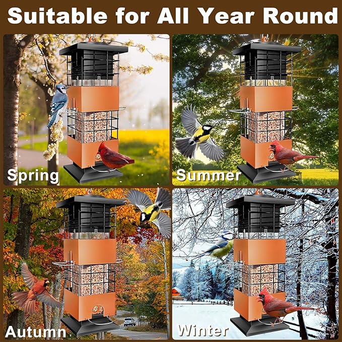 Squirrel Proof Bird Feeder, 3Lbs Metal Anti-Squirrel Bird Feeders for Outdoors, Weight-Activated Perches Hanging Wild Birdfeeder for Blue Jay, Cardinal (Brown)