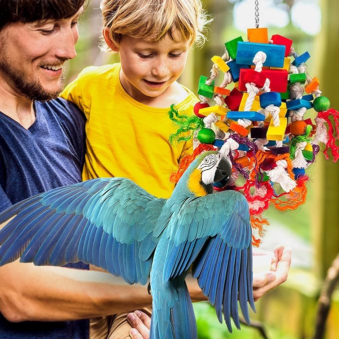 Large Parrot Toy - Multicolored Natural Wood Blocks Tearing Toys for Birds Suggested for African Grey, Macaw and Amazon Parrots