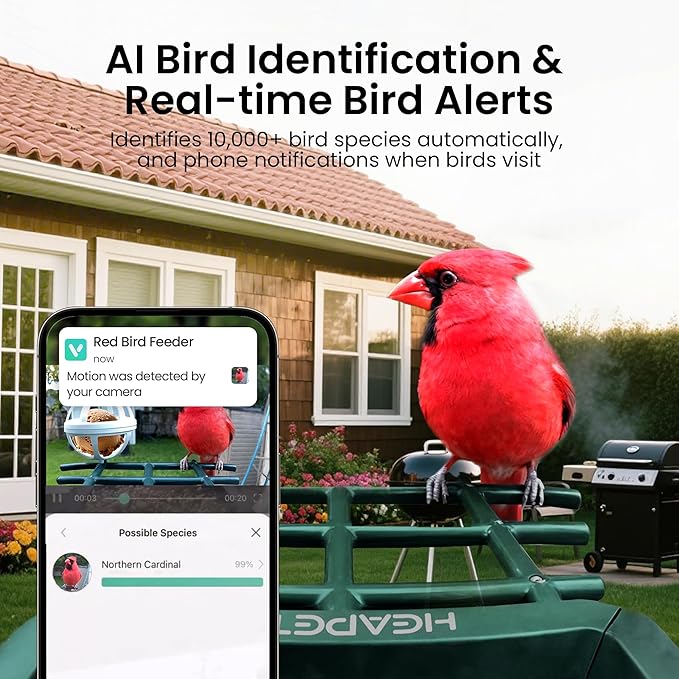 HEAPETS Bird Feeder with Camera Solar Powered, 3K HD Video, AI Bird Recognition, Auto Capture with Instant Notifications, IP65 Weatherproof, Gifts for Seniors Bird Watchers, Brown