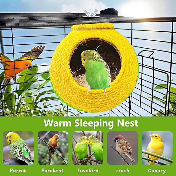 Bird Nest,Parrot Breeding House,Parakeet Natural Coconut Shell Hut,Hanging Budgie Nesting House with Coconut Fiber,Cockatiel Bed for Conure Lovebird Finch Birds,Green&Yellow