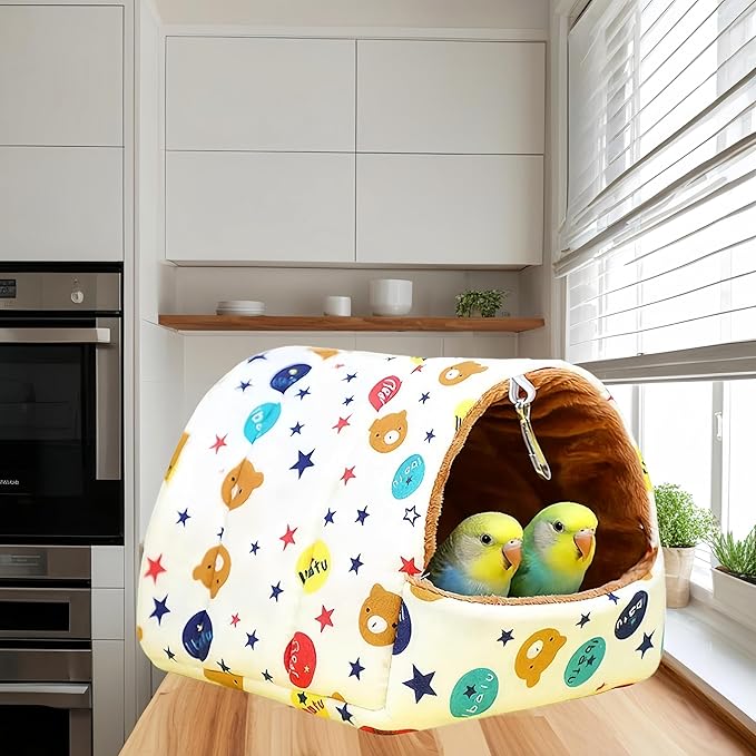 Warm Bird Nest House Plush Birds Hut Bed Hanging Hammock Sleeping Bed Bird Snuggle Cave Hanging Tent for Parrot Parakeet Cockatiel Conure African Grey Macaw-Bear