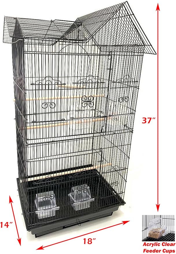 37-inch Portable Hanging Medium Flight Bird Cage for Cockatiel Sun Quaker Parakeet Green Cheek Conure Parrotlet Finch Canary Budgie Lovebird Small Parrot Travel Bird Cage (Black, with Toy)