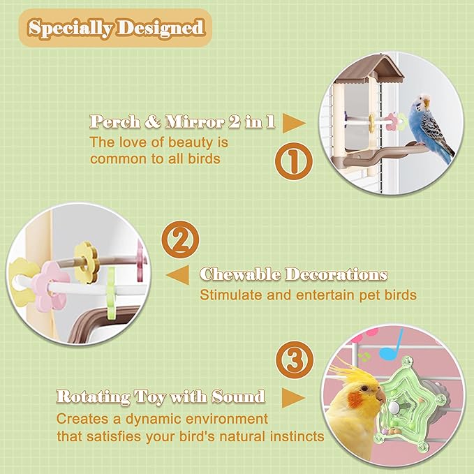 2-in-1 Bird Mirror with Perch Stand and Rotating Star Toy with Sound, Parakeet Cage Accessories Set for Small Birds, Budgies and Cockatiels, Secure Twist-Lock Installation