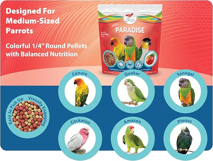 Scenic Mix Paradise Medium Parrot Food - 3.5 lb Bag - 1/4" Bird Pellets - Complete Nutrition for Sun Conures, Pionus, Senegals, Caiques & More