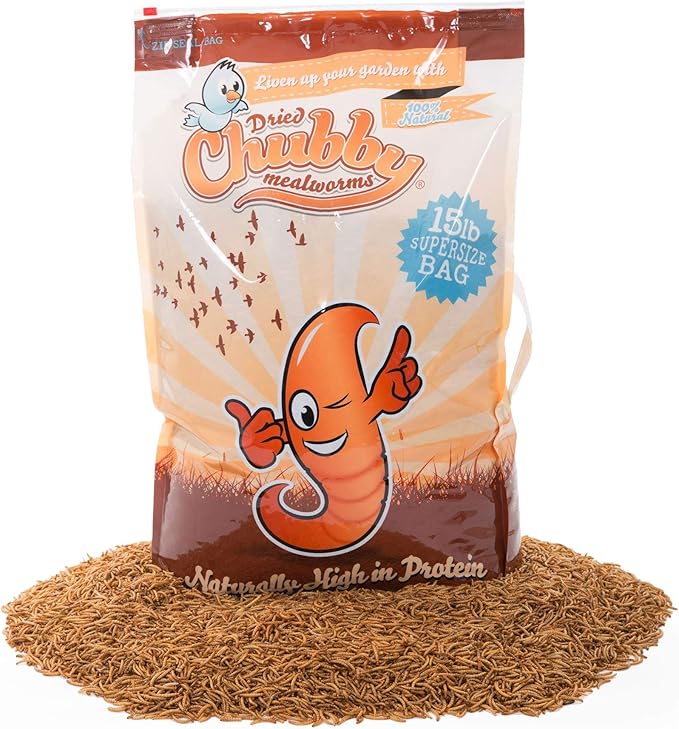 Chubby Dried Mealworms | 15 lbs | High-Protein Non-GMO Treats for Chickens, Ducks, Wild Birds & Backyard Pets | Resealable Bag with Handle
