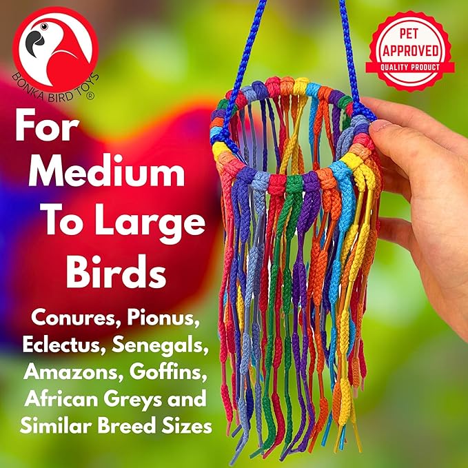 Bonka Bird Toys 51214 Small Aglet Heaven Cotton Shoelace Toy with Plastic Aglets and 2" Ring for Parakeets Cockatiels Quakers Pionus Small Bird Enrichment (Pack of 2)