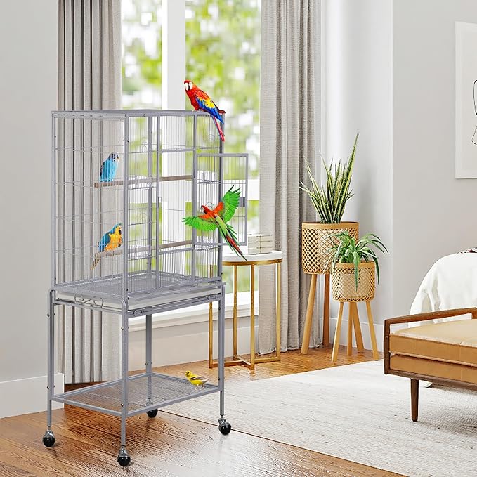 Nova Microdermabrasion 53-Inch Rolling Bird Cage, Wrought Iron Large Cage with Stand and Storage Shelf for Parrots, Cockatiels, Parakeets, and Macaws (White)